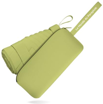 Le Monde du Parapluie Ombrello pieghevole da donna, con 6 persiane, leggero e compatto, 16 cm, formato da viaggio, tasca, antivento, con custodia in pelle, colore: verde limone