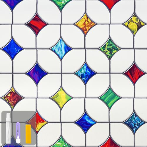 QHYsunshine Stained Glass Window Film - Non-Adhesive Colorful Privacy Film | Privacy Protection, Reusable & Renter Friendly | Perfect for Bedroom/Bathroom Room Decor(Frosted Mosaic, 17.5 X 157.4 in)