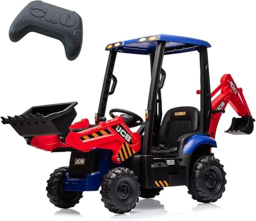 4 in 1 Escavatore, 12 V JCB con Licenza Auto Elettrica, Giocattolo da Cavalcare con Telecomando, pala Frontale, Clacson e Pneumatici EVA, Escavatore per Bambini Trasformabile in 4 Forme, Rosso