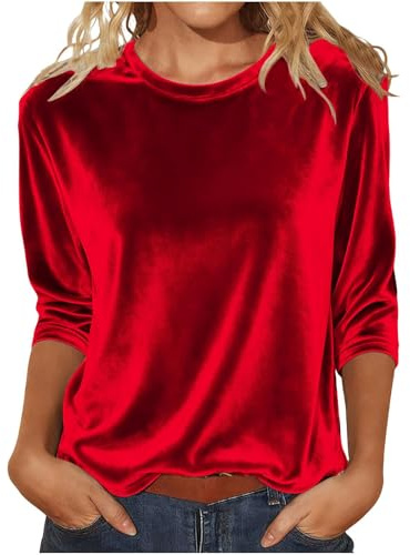 Chemise Femme Élégant Velours Tricot Cérémonie Blouse Rouge Pull Col Rond Haut Courbé Manches 3/4 T-shirts Élégants Doux T-shirt Carnaval Hiver Nouvel An Casual Maillots de Mode Soirée, rouge, X-Large