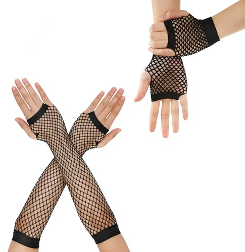 2 Pairs Fishnet Gloves Fingerless 80s Fingerless Fishnet Arm Sleeves | Long Short Mesh Gloves Fish Net Arm Sleeves For Women And Girls Theme Party Costume Accessory