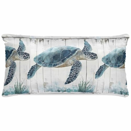 Gusidachig Sea Turtle Teal Blue Satin Pillowcase for Hair and Skin with Zipper, Soft Breathable Cooling Silk Pillow Cases, Summer Coastal Ocean Wood Grain Throw Pillow Covers King Size 20x40