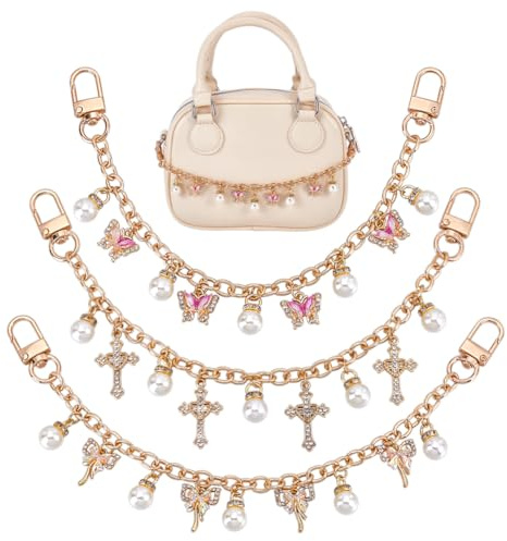 PH PandaHall 3 Stili Catena Decorativa per Borsa Catena con Ciondoli per Borsa, 26.4cm Oro Catene con Nodo di Fiocco e Perla per Tote Bag Borse a Spalla Decorazione Regalo Accessori