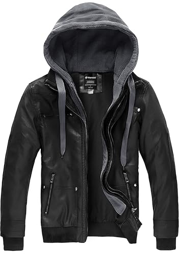 wantdo Men's Lightweight Faux Leather Coat Motorcycle Jacket with Hood Black X-Large (Lightweight)