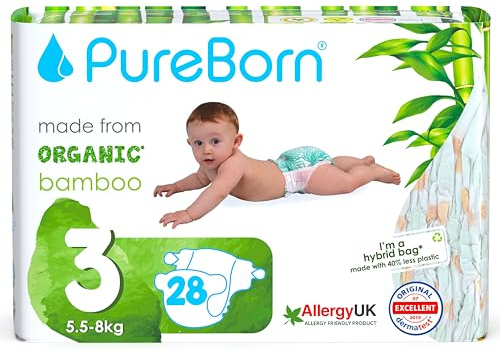 PureBorn Ekologiska Blöjor av Bambu, Storlek 3 (5,5-8 kg), 28 stycken, Allergivänliga, Ultramjuk, Våtindikator, Olika Tryck
