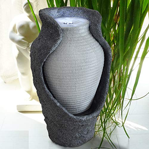 Fuente de jardín de 230 V, Fuente Ornamental, Fuente para Habitaciones, baño para pájaros, Cascada de Piedra, Cascada de Bosque Negro, con luz LED