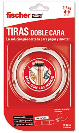 fischer SCLM Double-Sided Adhesive and Mounting Tape, Pre-Cut for Adhesive No Drilling to Wall, Elastic Material and Easy Application, 19 Units