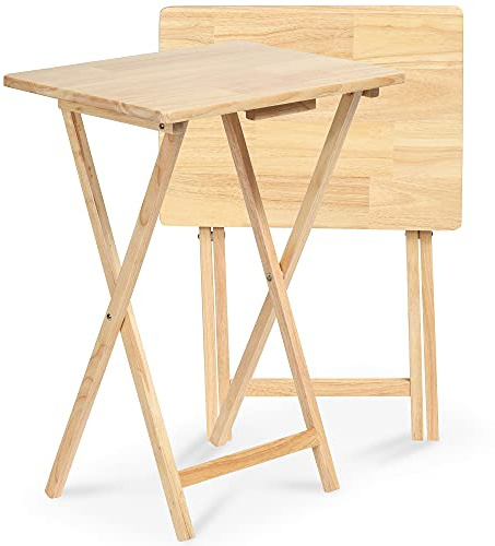 PJ Wood Side Table 2 Set 100% Wood, TV Tray Table, Folding Tables, Snack Table, Coffee Table, Table for Small Space, Living Room, Wood Frame, Natural Color