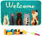 ROCKY&CHAO Kits de crochets de loquet pour tapis, coussins, kits de crochet pour décoration d'intérieur, bienvenue 62 x 40 cm (Cinq Chatons)