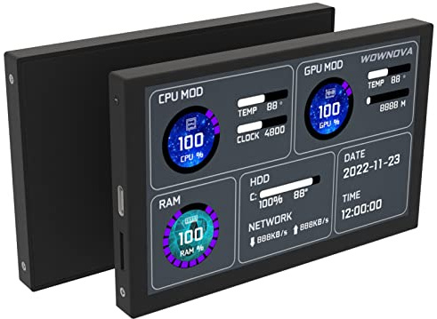 WOWNOVA 5 tums temperaturmonitor för datorer (dynamiskt tema stöds), sensorpanel för PC, ARGB datorfodral, IPS, typ C USB, mini sekundär skärm, CPU, RAM, HDD, datamonitor, svart