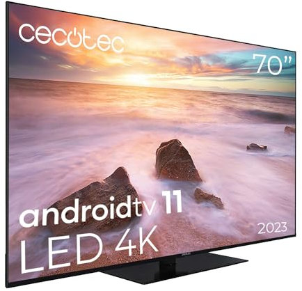 Cecotec Televisión LED 70 TV A2Z Series ALU20070ZS con resolución 4K UHD, Sistema operativo Android TV. 11, Chromecast, HDR10+, Google Voice Assistant, Clase F, con peana Central