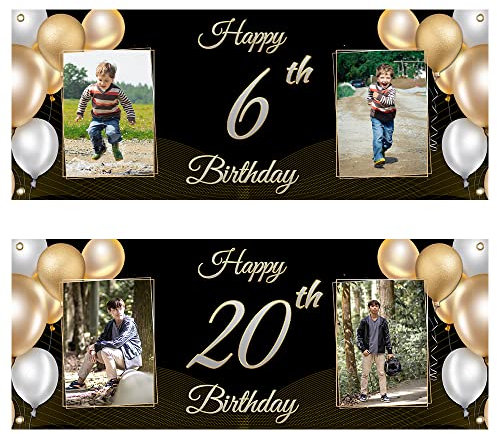 Personnalisées Banderole Joyeux Anniversaire Personnalisée Banderole Photo Anniversaire Décoration de Fond en Or Noir, Bannière Longue Personnalisable pour Tout âge 100X250CM/120X300CM