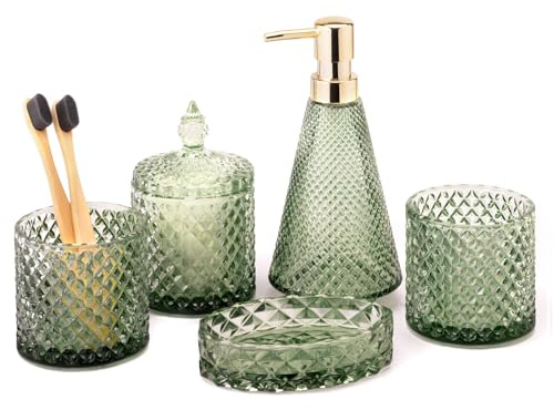 EMPO Set completo di 5 accessori da bagno in vetro diamantato, dispenser per lozioni vintage triangolari, portasapone, portaspazzolino, bicchiere, barattoli di cotton fioc, decorazione moderna, set