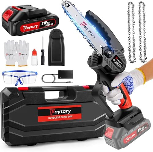 Mini Motosega a Batteria per Potatura con 3000mAh Batterie, 700W 6 Pollici Motosega Elettrica con 2 catene e blocco di sicurezza, Sega a Batteria per Potatura per il Taglio del Legno Giardini, rosso