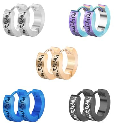 Hinvan Wikinger Ohrringe für Herren, Ohrringe Wikinger Männer, Ohrringe Wikinger Damen, 5 Paar Nordischer Wikinger Rune Creolen Silber Edelstahl Männer Ohrringe Herren Schwarz, Ohrringe Damen Gold