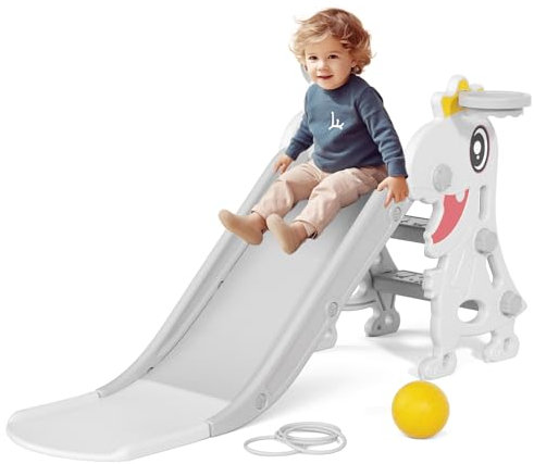 KORIMEFA Scivolo per bambini da interno Bambini all'aperto Toddlers Climber Freestanding scivoli arrampicata telaio per età 18-36 mesi Playset con canestro e Ring Toss Dinosaur Design (Bianco)