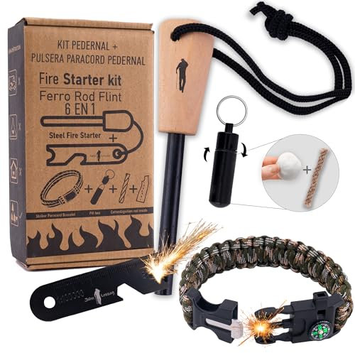John Lossag – Kit Supervivencia Profesional ecoFire – Pedernal de Ferrocerio, Pulsera Paracord y Mechero con Iniciador de Fuego | Encendedor Multiusos para Camping y Bushcraft | Camel