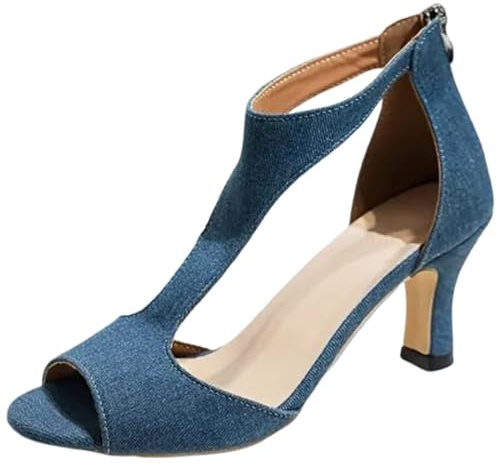 OALEEN Escarpins Sandales Femme Petit Talon Sexy Bout Ouvert Chaussures Eté Salomé Denim Confortable Mariage Soirée Bleu Moyen 42