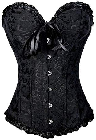 FeMereina Womens Floral Black Lace Trim Corset Overbust Waist Cincher Bustier Top,Corset Tops for Women, Bustier Shapewear Lingerie, Lace Waist Push Up Bodysuit (Black, S)