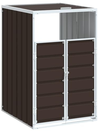 vidaXL Brown Steel Wheelie Bin Storage- Durable Trash Cover/Waste Solution Garden Store- 72x81x115 cm with Ventilation Vents, Practical Lid Mechanism, Expandable Design
