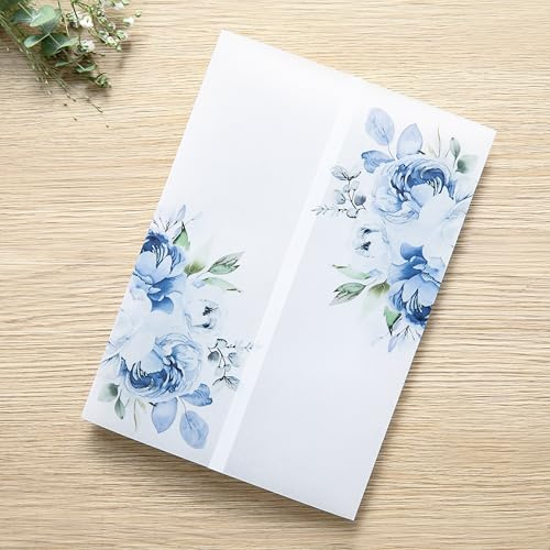 PONATIA 50PCS Vellum Jackets for 5x7 Invitation Cards- 135GSM Light Blue Floral Printed Vellum Sleeves, Quinceanera Wedding Invitation Cards Wraps, Transparent Christmas Gift Cards Jackets | 50 Pack 135gsm Floral Printed Vellum Paper Sleeves, Quinceanera Wedding Invitation Cards Wraps