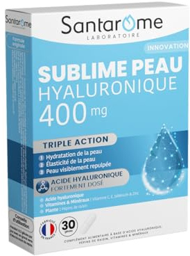 Santarome - Sublime Peau Hyaluronique 400 mg - Complément alimentaire Peau - Hydratation et fermeté - Pépins de Raisin - 30 gélules - Made In France