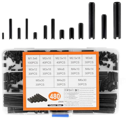 480 Stück Spannstift Hohlsplinte Set, Spannstifte Splinte Sortiment, Hohl Federstifte, Sicherungsstift, Manganstahl Hohlsplint Kerbstifte(M1.5/M2/M2.5/M3/M4/M5/M6)