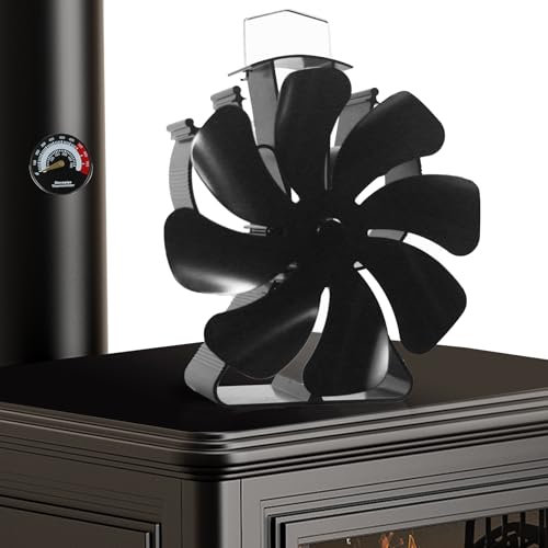 Ventilateur Poêle à Bois, 8 Pales Avec Thermomètre Silencieux - Ventilateur Cheminée Alimenté par la Chaleur - Pour Poêle à Bois/Cheminée/Gaz/Bûches