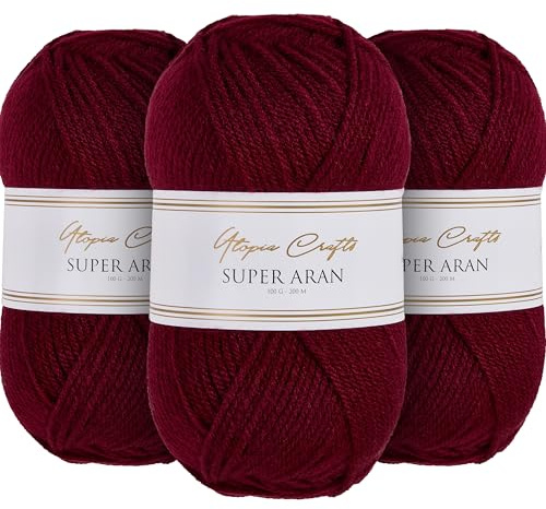 Utopia Crafts Super Aran Lot de 3 pelotes de fil à tricoter et crochet 100 g Grenat profond