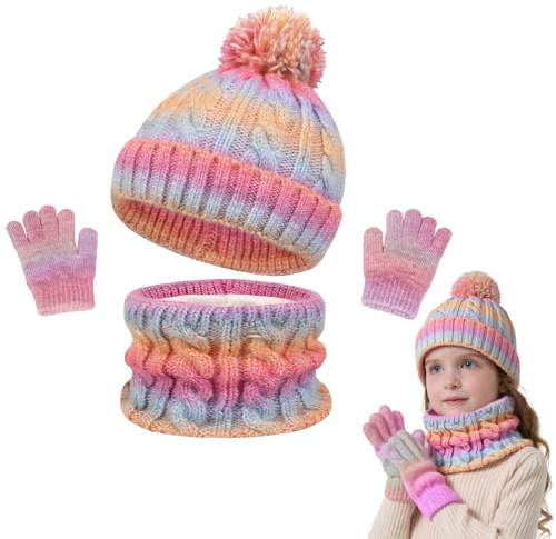 JinBei Ensemble Bonnet Écharpe Gants Enfant 3 Pièces Doux Tricoté Tour de Cou Chaud Bonnet avec Pompon Snood Gants Hiver Accessoires Set pour Fille Garçon Couleur Dégradée 3-10 ans