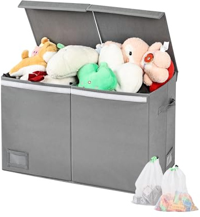 HEYCOOK Scatola di Giocattoli Large con Coperchio Ribalta per Bambini | Scatole Porta Giochi | Portagiochi Bambini Contenitori | Pieghevole con Maniglie (Grigio 2 Scomparti, 72 L)