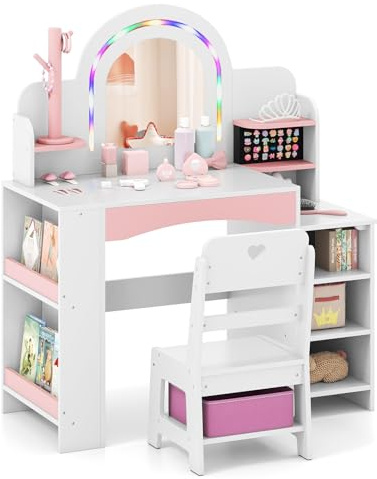 GYMAX Kids Vanity Table and Chair Set, Wooden Girls Dressing Tables with Lighted Mirror, 2-Tier Bookshelf, Ring Slots, Open Shelves and Fabric Bin, Children Makeup Desk Set for 3 Years Old+ (White)