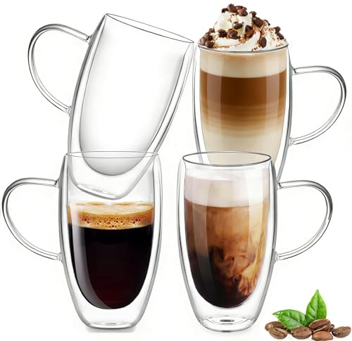 Cristal Vasos de Vidrio de Doble Pared, 450mlx4 Tazas de Café de Cristal, Vasos térmicos de Doble Pared- Aislados para Espresso Cappuccino, Vasos de té Vasos de café Latte Macchiato Tazas