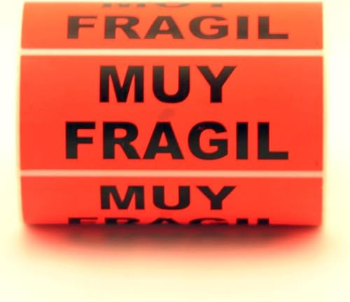 1000 Etiquetas Adhesivas Muy Frágil 94 x 38 mm, 4 Rollo, 250Etiq/Rollo,Color Naranja Fluorescente, Adhesivo Firme para Paquetes Delicados, Identificación de Envíos y Mudanzas