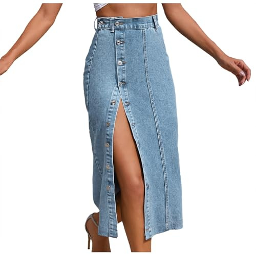 Générique Jupe en Jeans Femme Élégant Jupe en Denim Longue Taille Haute Jupes Crayon avec Boutonné Printemps Été Jean Skirts Décontracté