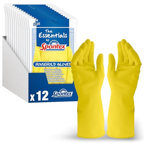 Spontex The Essentials Reusable Rubber Gloves | Medium | Natural Latex Cleaning Gloves | Cotton Lining | 12 x 1 Pack (12 Pairs Total)