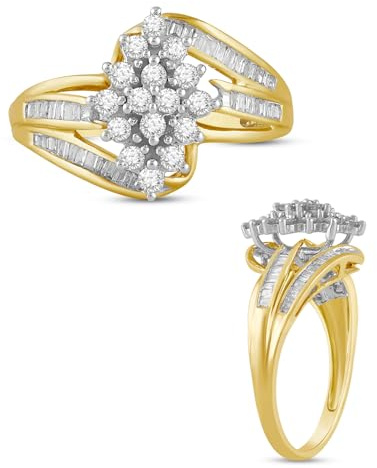 Jewelili 10K Yellow Gold 1/2 CTTW Natural White Round and Baguette Diamond Cluster Ring for Women | Classic Jewelry with Gift Box | Timeless Fashion Jewelry Gift for Her | Size 9