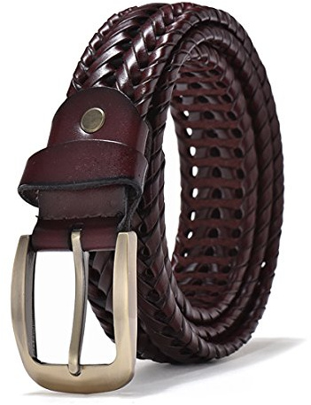 ECHAIN Cinturón trenzado de piel auténtica para hombre, Rojo oscuro 2, cintura:34/36