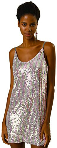 Allegra K Women's Glitter Sequin Dress V Neck Spaghetti Strap Mini Party Dress Clubwear Large Silver (with Pinks)