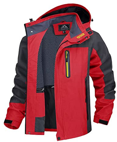 TACVASEN Regenjacke Herren Outdoorjacke Wasserdicht Atmungsaktiv Funktionsjacke Übergangsjacke Leicht Angeljacke Softshell Arbeitsjacke Winddicht Trekkingjacke (L, Rot)