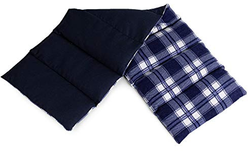 Cuscino con semi di lino, 75x20cm con 8 compartimiento. Cuscino termico riscaldabile per la schiena, il ventre e molto altro. Terapia caldo e freddo (flanella a scacchi blu)