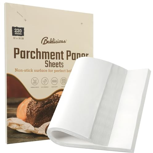 220 Pcs 12x16 In Parchment Paper Sheets, Baklicious Pre-cut Non-Stick Parchment Baking Paper for Air Fryer, Oven, Bakeware, Steaming, Cooking Bread, Cupcake, Meat, Cookies
