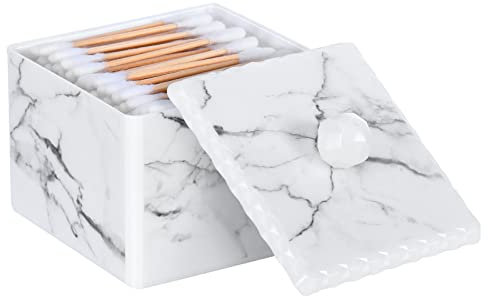 Luxspire Cotton Swab Storage Box with Lid, Q-Tip Swab Holder Cotton Ball Canister Jar Cotton Bud Round Dispenser Box, Cosmetics Makeup Countertop Vanity Bathroom Organizer Containers, Marble White