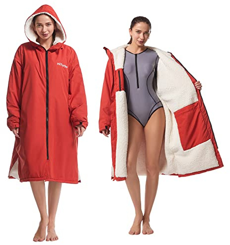 Hiturbo Warm Waterproof Swim Parka: Oversized Hooded Changing Robe - Sherpa Liner Swimming Coat - Recycled Fabric Surf Poncho (Red)