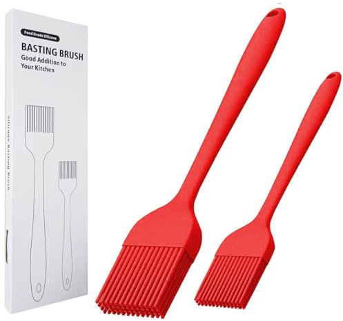 KitsKap Lot de 2 pinceaux à badigeonner en silicone pour huile, barbecue, grill, cuisson de sauce, passe au lave-vaisselle (Rouge)