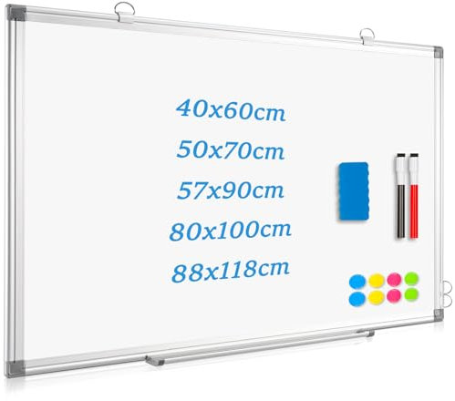 QUEENLINK Le Tableau Blanc Magnétique, 88x118cm Le Tableau Effacable Mural avec Cadre Aluminium, Plateaux et Crochets