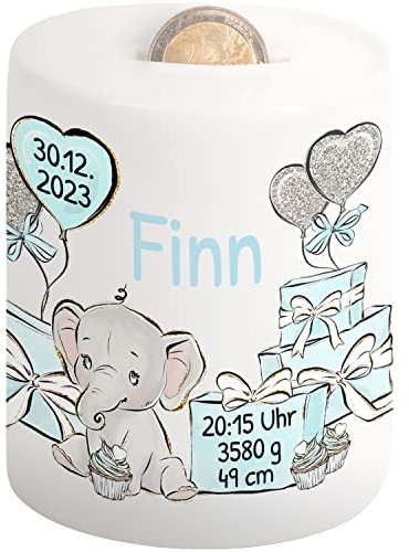 True Statements Spardose personalisiert Jungen – Geschenk zur Geburt & Taufe mit Geburtsdaten, Elefant, Blau