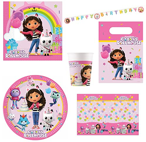 Procos PRO10245290DY - Set da festa XL Gabby's Dollhouse, set da 46 pezzi, piatti, tovaglia, tazze, tovaglioli, sacchetti, striscione, set da tavola, articoli per la tavola per bambini
