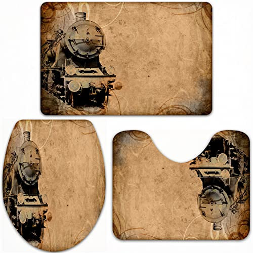 URSOPET Badteppich-Set 3-teilige, rutschfeste,Antiker Alter Eisenzug im Alter von Sepia Grunge Style Design Industrial Theme Artsy,rutschfeste Badematte, U-förmiger Konturteppich und Toilettendeckel