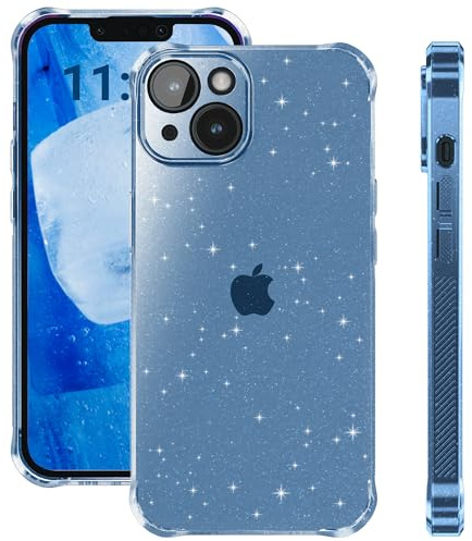 ELEVAVIDA Coque pour iPhone 14 Glitzer bleu clair transparent avec protection de caméra - coins antichoc, coque de protection bleue pour Apple iPhone 14 Étui fin brillant